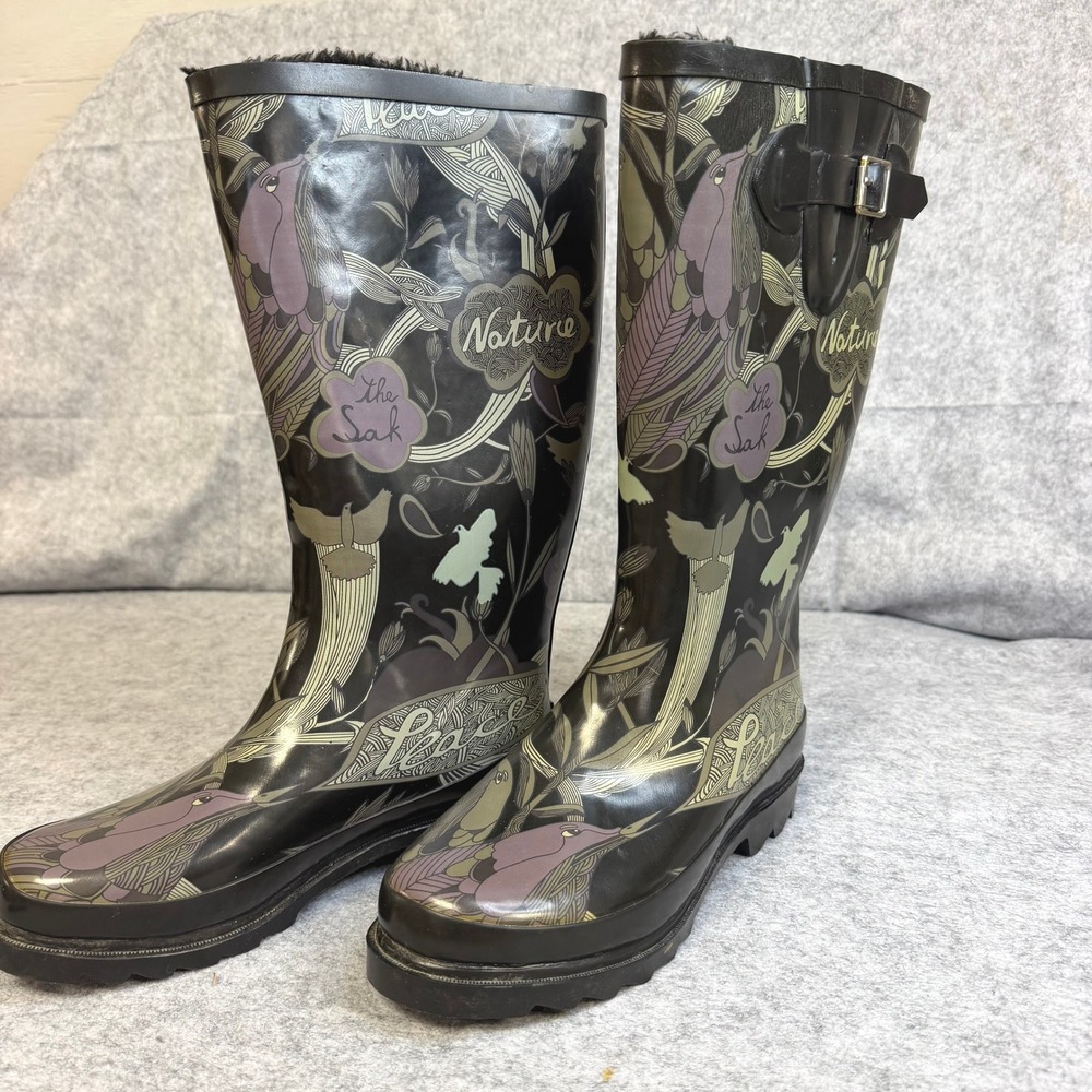 The Sak Peace Nature Happy & Free Tall Rain Boots Black Floral Bird Print Women